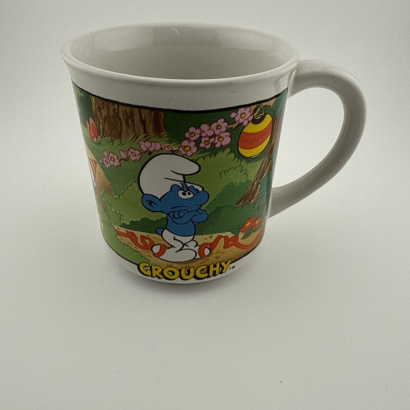 Vintage 1982 Grouchy Smurf Mug Wallace Berrie Japan Ceramic Collectible Cup