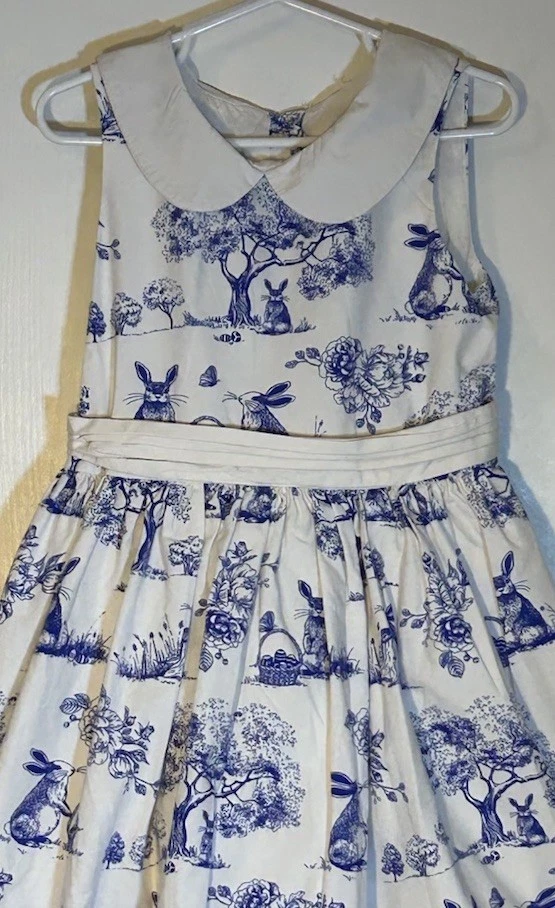 Gymboree Little Girl Sz 6 Dress White Peter Pan Collar Blue Bunny/Easter Basket - Image 3 of 4