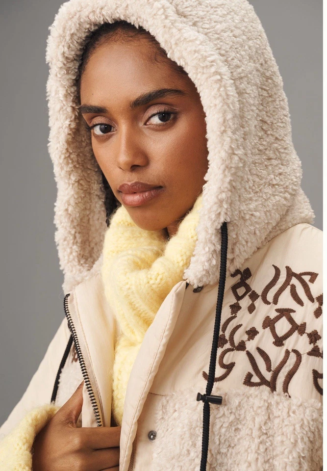 Anthropologie Pilcro Sherpa Coat Women Ivory Embroidered Hooded Boho Medium NWT - Image 2 of 4