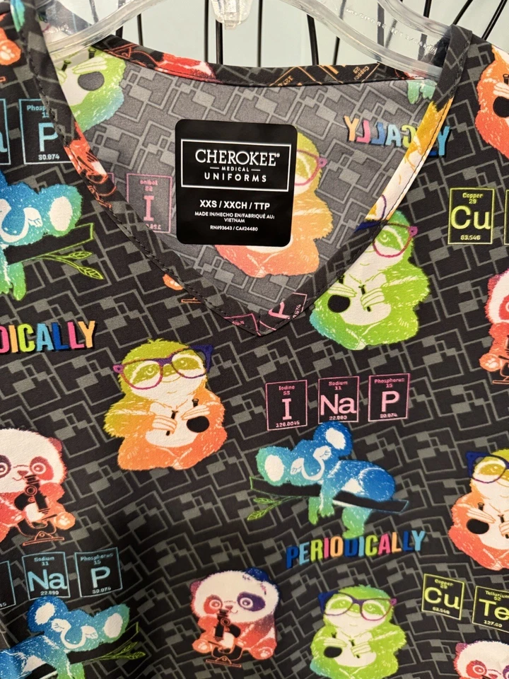 Cherokee Modern Classic Grey Animals Vet Extra Extra Small XXS women scrub Top - Image 2 of 4