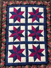 8 Point Star Mini Wall Quilt Red White Blue HandQuilted By Artist Adella 14x19in