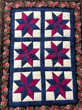 8 Point Star Mini Wall Quilt Red White Blue HandQuilted By Artist Adella 14x19in