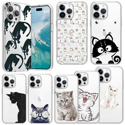 Cute Cats Pattern TPU Case Phone Cover For iPhone 14 15 16 Pro Max 13 12 Mini 11