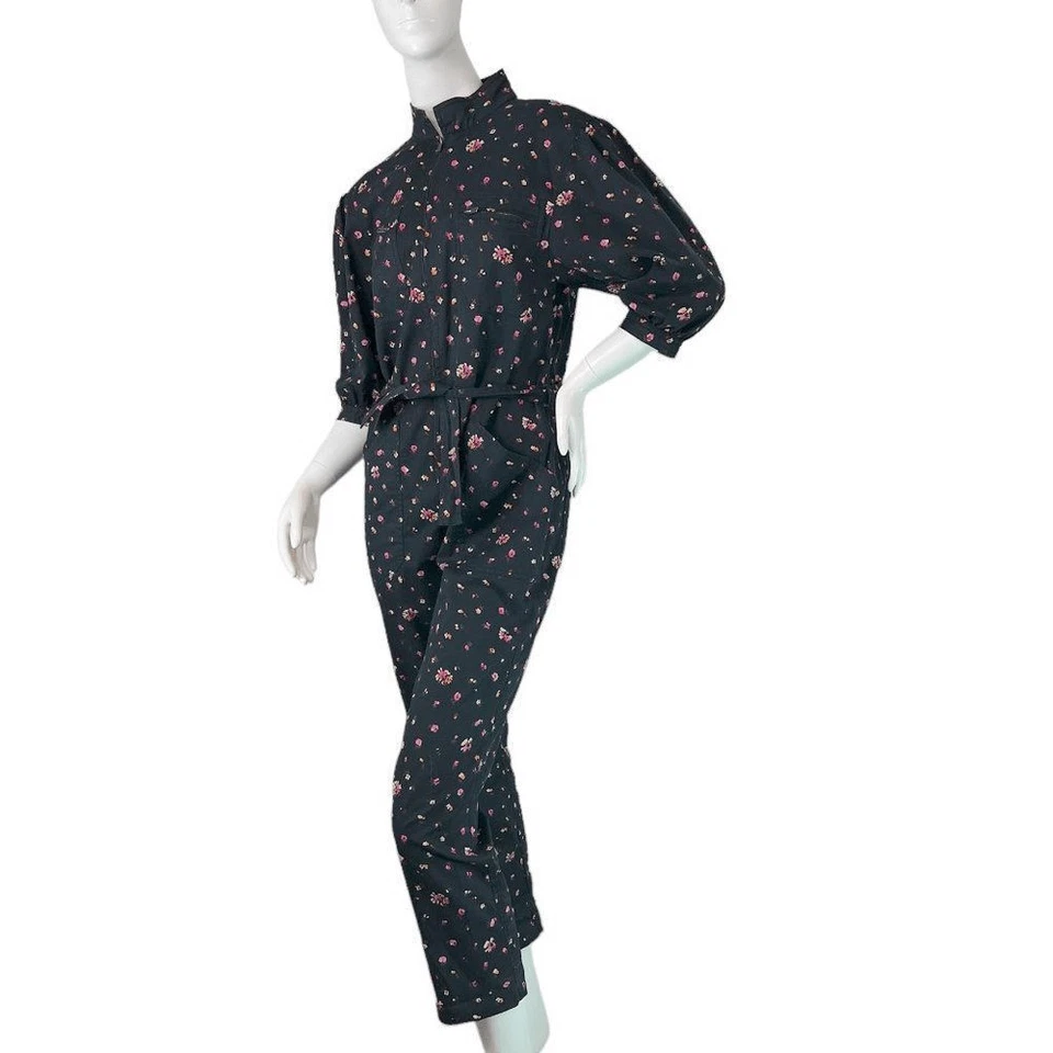 Macacão Rebecca Taylor preto floral com zíper mangas folhadas, colarinho mandarim tamanho 0 - Imagem 4 de 4