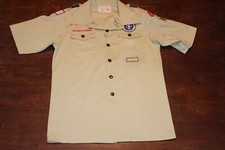 Boy Scouts of America BSA Youth Shirt Large Tan Sewn Patches Short Sleeve
