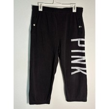 Victoria's Secret PINK Black Cropped Sweatpants Silver Graphic Logo Size M
