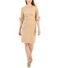 Connected Apparel Womens Tie-Sleeve Slit Back Sheath Dress, Beige, Petite, 10P