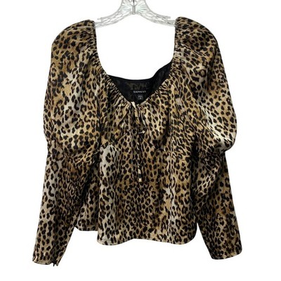 Express Womens Large Cheetah Leopard Puff Sleeve Tie Front Silky 80s 90s Blouse