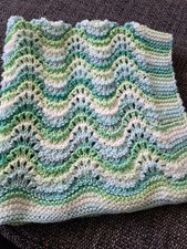 Hand knitted twinkle greens and white stripes newborn baby blanket 60x52cm.