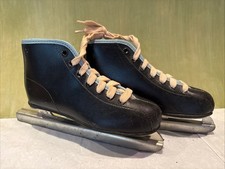 Vintage Double Blade Ice Figure/Hockey Skates Boys Size 12 Black With Blue Trim