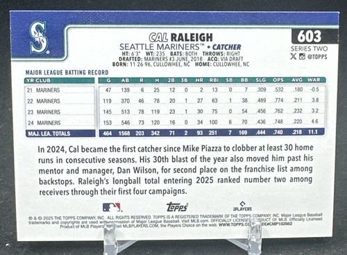 2025 Topps Serie 2 Diamante #603 Cal Raleigh - Seattle Mariners Big Dumper - Imagen 2 de 2