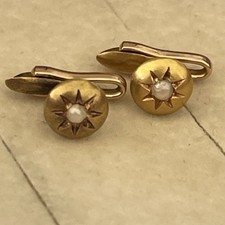 14k Gold Antique Victorian Children's Tiny Cufflinks 2.1g, Sun Starburst Pearls