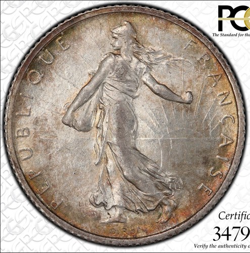 France, World War I, 1 Franc 1904, Silver, PCGS MS63, Gold Patina, Nice Toning!