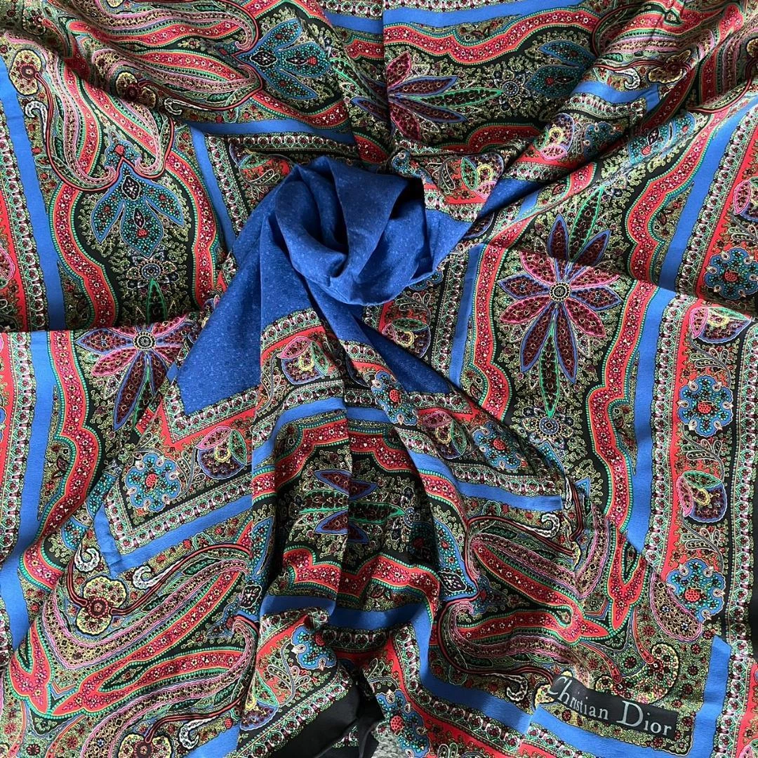 Christian Dior large scarf 85cm 33″ square silk paisley blue green