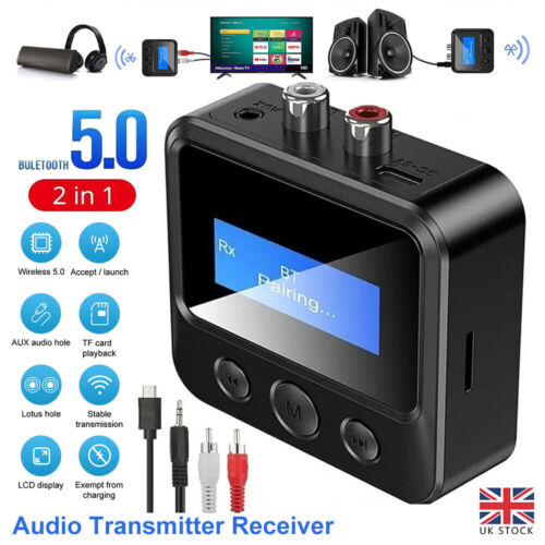 Bluetooth 5.0 Transmitter Receiver Wireless 3.5mm Adapter AUX NFC to 2 RCA Audio - Picture 1 of 12