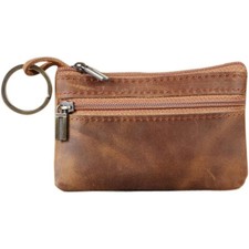 Brown Soft Men Women Card Coin Key holder ZIP Genuine Leather Wallet Pouch bag