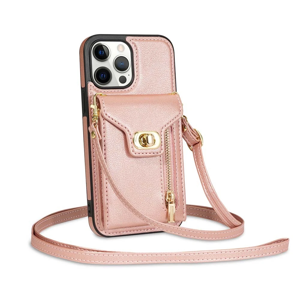 Leather Phone Wallet Case for iPhone 15 Pro Max 14 13 12 with Crossbody Strap