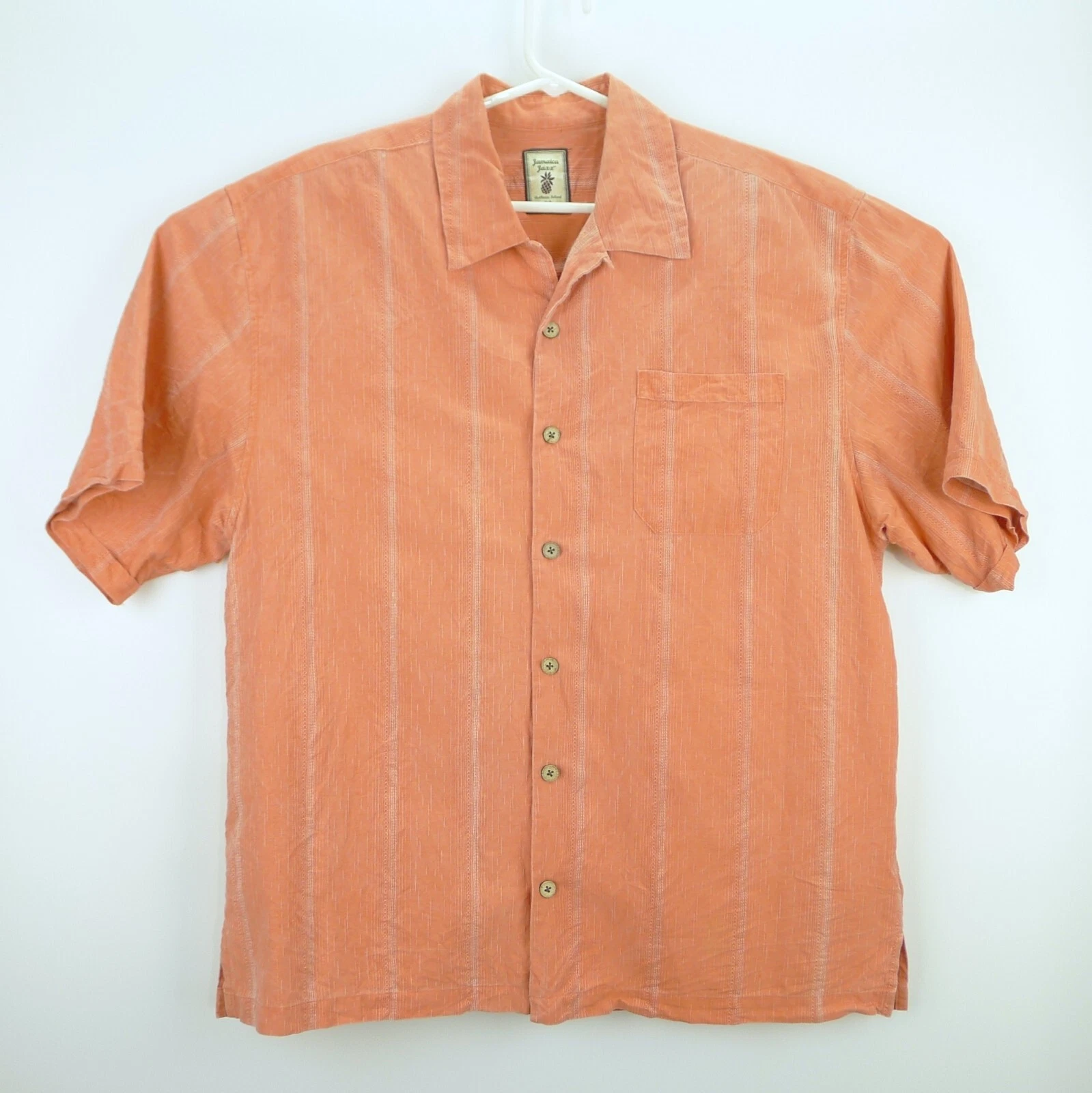 Jamaica Jaxx Silk Button Up Shirt Mens Large Orange Floral Short Sleeve Hawaiian