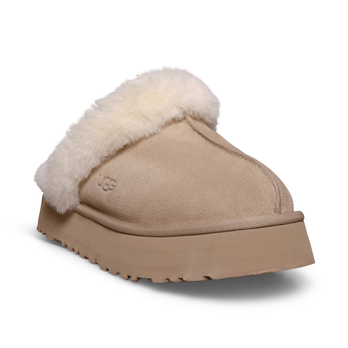 関税送料無料【UGG】Disquette suede flatform slippers UGG DISQUETTE SAND SUEDE SHEARLING COMFORT WOMEN'S SLIPPERS