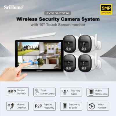 SriHome WLAN 4 x Kamera Set Überwachung 5MP Wireless Sicherheit 2-Wege Audio Touch