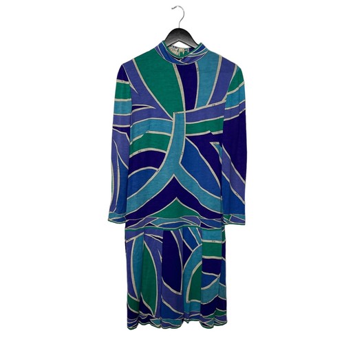 Vintage 70er Emilio Pucci geometrisches Muster Kaschmir Wolle Seide Midikleid Gr 14