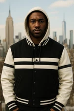 Men's Black & White varsity Jacket Wih Real Leather Sleeves and Leather Hooded