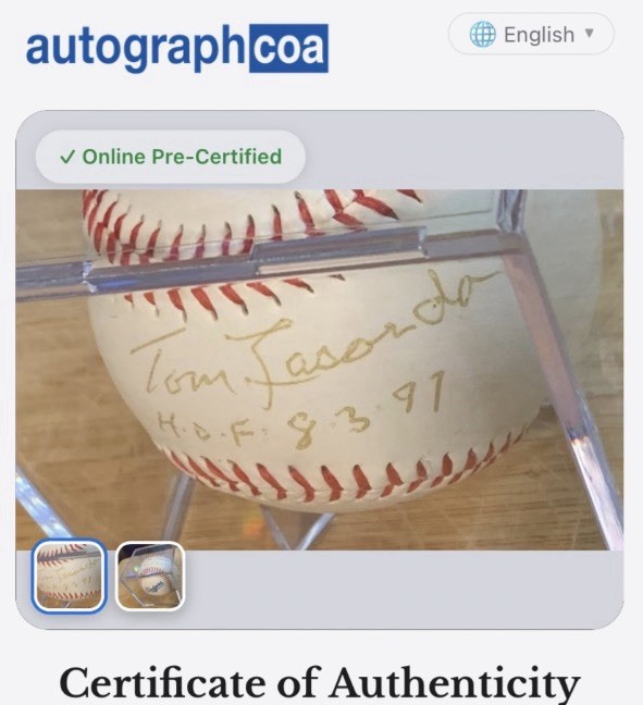 Tom Lasorda Dodgers Signed Authenticated Baseball -  $1,500 worth
