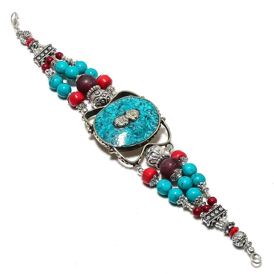 Bracelet corail rouge turquoise fait main bijou vintage tibétain népalais... - Photo 1/4