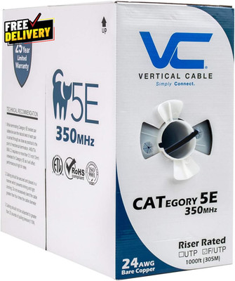 Cat5E 350MHz Shielded 24AWG Solid Bare Copper 1000ft Bulk Ethernet Cable Black