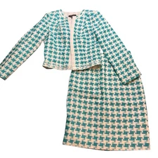 Etcetera Women’s Tweed Skirt Suit Set Size 4 Blue Green Cream Jacket & Skirt