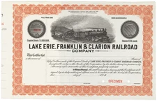 Lake Erie, Franklin & Clarion Railroad. Stock Certificate.