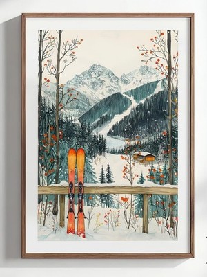 Watercolor Ski Lodge Print: Winter Escape , Skis in Alpine Mount