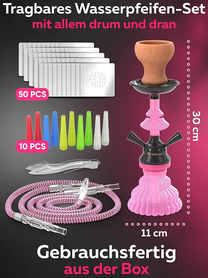 Shisha Set Reise Wasserpfeife  mit 2 Schläuche mini 30 cm Pink  M. ROSENFELD - Bild 4 von 4
