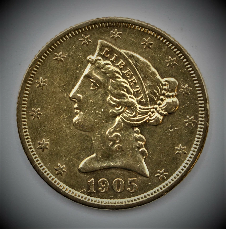 Moneda de oro Liberty de $5 de colección baja de San Francisco 1905-S variedad 2 medias águila⭐73⭐ Foto 3 de 4