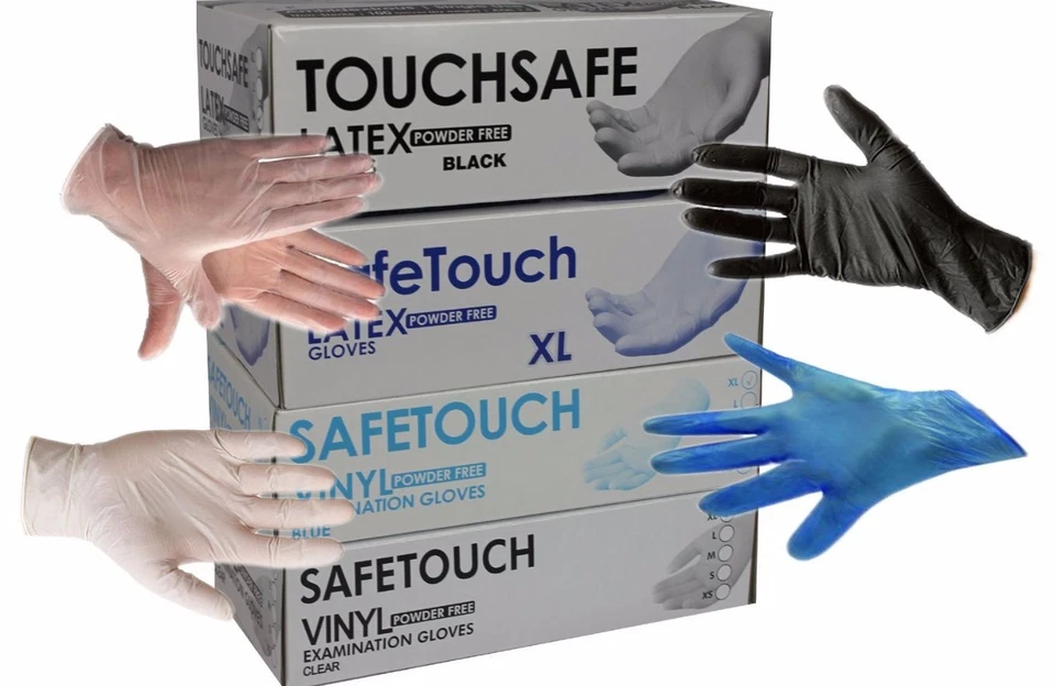 SAFETOUCH Disposable Latex, Nitrile or Vinyl Gloves Powder Free - 100 Boxed