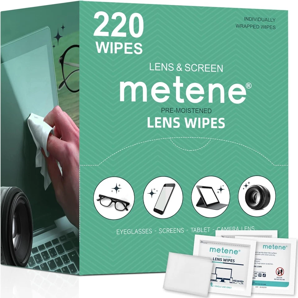 Metene 220 Pack Lens Cleaning Wipes, Pre-Moistened and Individually Wrapped Eye