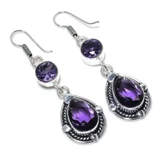 Purple Amethyst Gemstone Handmade 925 Sterling Silver Jewelry Earring Size 2"