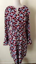 BANANA REPUBLIC PURPLE BLUE FLORAL DRESS LONG BELL SLEEVE RUFFLE FRONT TIE MED