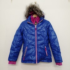 Free Country Quilted Jacket Womens Size 14 Blue Pink Feather & Down Hooded