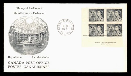 DR WHO 1971 CANADA FDC LIBRARY OF PARLIAMENT PLATE BLOCK w30918