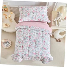 Joyreap 4 Piece Cotton Toddler Bedding Set for Girls- Pink n Gray Flowers Pink