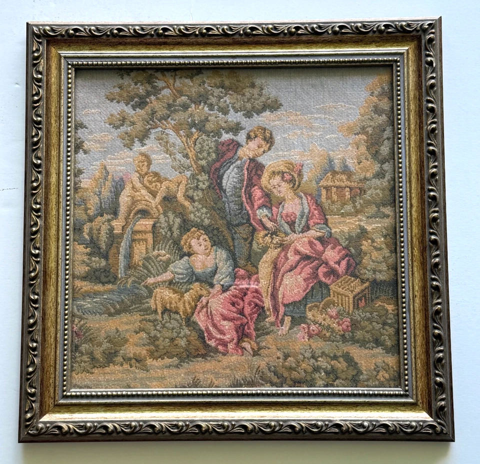Vintage Belgium Tapestry Set Gold Gilt Frame Rococo Romantic Scene 11" Wall Art - Image 3 of 4