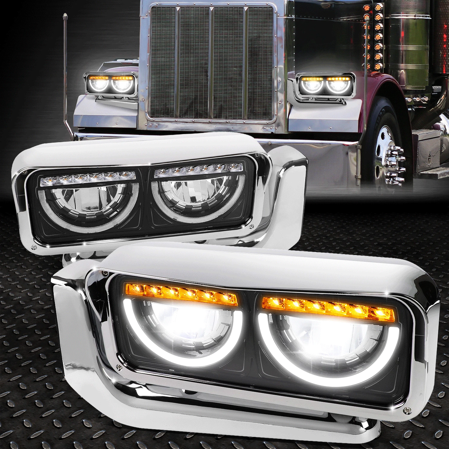 FOR 81-21 PETERBILT 359 379 389 FULL LED U-HALO DRL TURN SIGNAL HEADLIGHTS BLACK