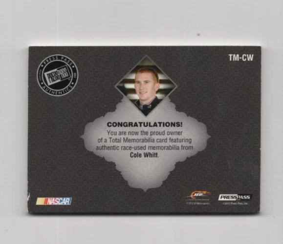 COLE WHITT 2013 PRESS PASS RACING NASCAR TOTAL MEMORABILIA PATCH JERSEY RELIC - Image 2 of 2