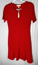 Michael Kors Dress Womens Large Red Ribbed Ruffle Hem Ring MS88XR66SN NEW