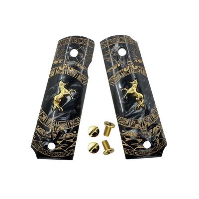 SHARD 1911 Grips COLT Springfield Pearl Aztec Motif Gold Horse Medallion W/Screws