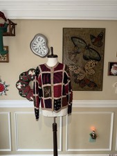 Vintage Women s Knit Patchwork Multi-Colored Cardigan Sweater Size: Medium