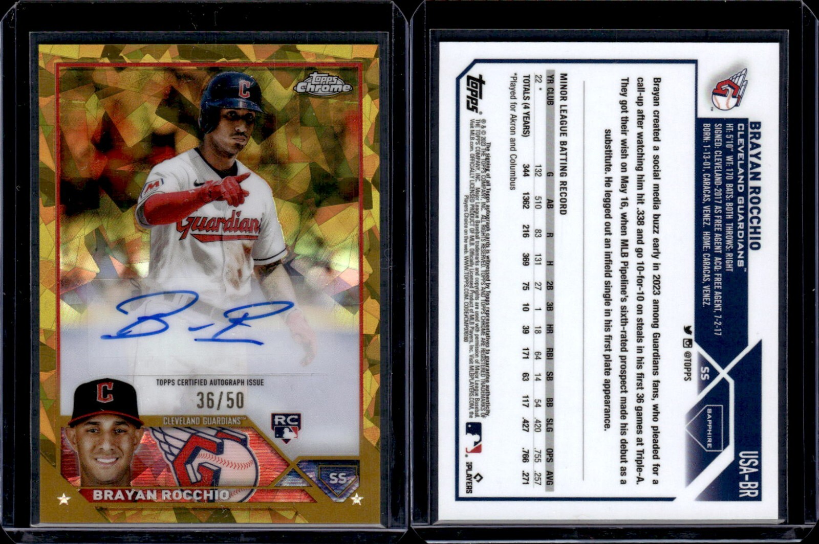 BRAYAN ROCCHIO 2023 TOPPS CHROME UPDATE GOLD SAPPHIRE RC AUTO /50 CLEVELAND