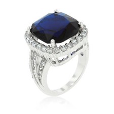 Deep Blue Sapphire Engagement Ring Cubic Zirconia 21.1 ct. Rhodium Plated