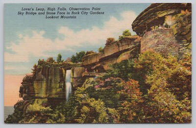Lover's Leap High Falls Sky Bridge Lookout Mountain TN Vintage Linen Postcard
